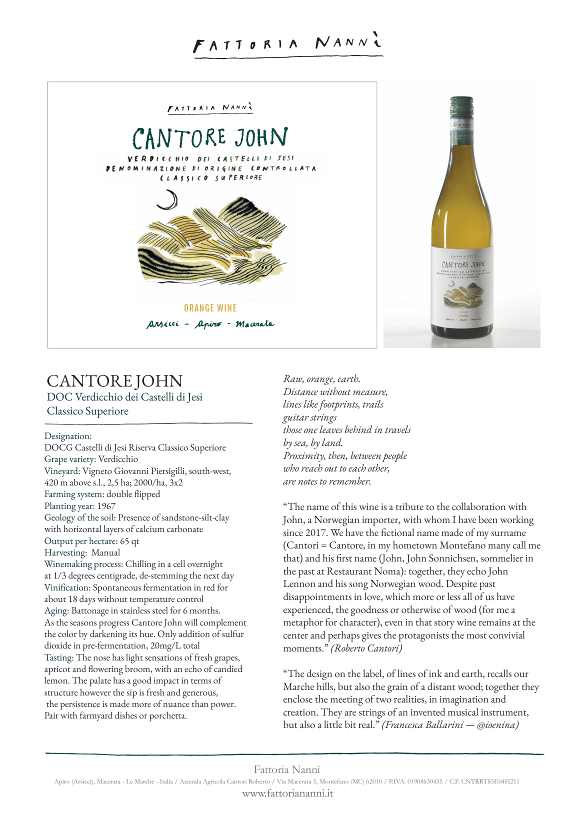 Cantore John, økologisk verdicchio dei Castelli di Jesi classico superiore