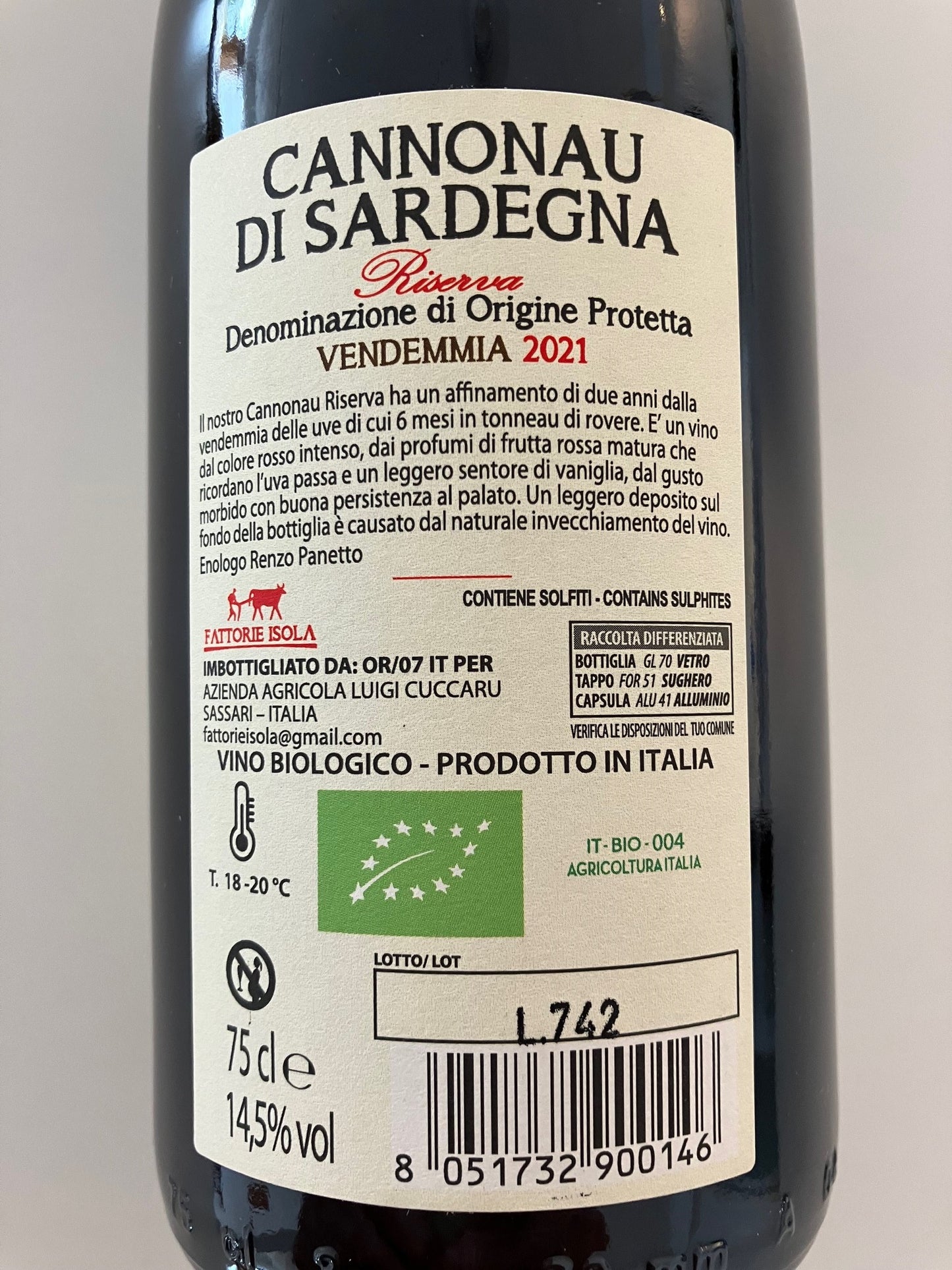 Cannonau di Sardegna Riserva DOP Bio.
