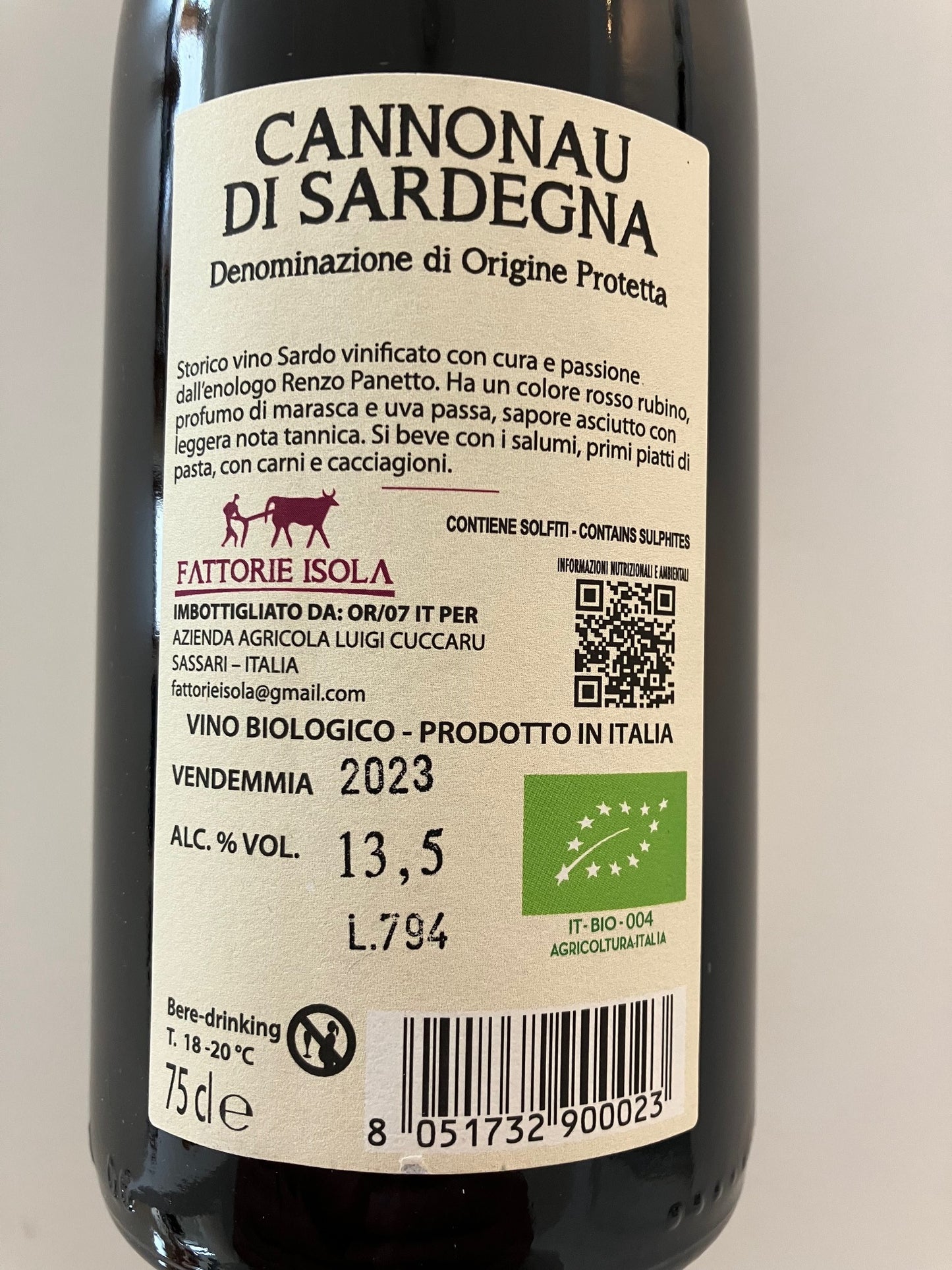 Cannonau di Sardegna Rosso DOP Bio.